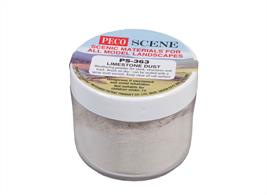 PS-363 Limestone Dust Tub of fine weathering powder in a stone-white shade designed to replicate limestone dust, as would be left behind in wagons and in places where limestone blocks or crushed roadstone was loaded, unloaded or stored.Supplied in a handy screw-top tub for convenient and mess-free handling.