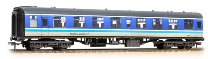 A finely detailed model of the British Railways mark 1 second class coach with open plan seating painted in the 1980s BR Regional Railways livery with a weathered finish.The Regional Railways business took reponsibility for non-InterCity and local train services in the majority of Great Britain, alongside Network SouthEast and several metropolitan transport executive managed areas. Based on the InterCity stripe livery Regional Railways adopted a blue stripe version, later seen on the new Sprinter DMU trains. Mark 1 and 2 stock was stilled used on some longer distance services, including the Trans-Pennine connections, and these coaches received this bright new livery.Bachmann have produced an excellent model of these long-lived coaches with separately fitted handrails, water pipes and many other details.Era 4
