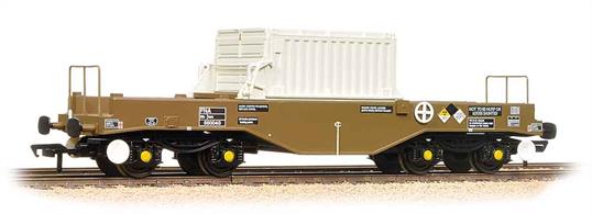 A detailed model of the FNA smooth sided nuclear flask carrier wagon with hood cover in place.This model is of wagon 550043, with the large numeral shown on the flask cover. This is a later build wagon, featuring sloping floors to promote self-draining of water while the wagons are washed down. Oval head buffers are fitted to this batch of wagons.