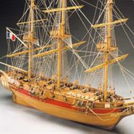 A fine reproduction of a typical French sloop from the early 1800's. this model was built up using plans obtained from the French Naval Museum of Paris.The kit includes laser cut frames for keel &amp; bulkheads, and exotic wood strip for hull planking. Also included is the wooden deck planking, masts and spars, lost wax brass castings, and wooden fittings, etched brass detailing, cloth for the sails and flags. The instruction booklet is very detailed, taking you through every step of construction.Scale 1:50, Length: 1100mm.Skill Level 2