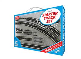 This starter track pack contains sufficient track sections to construct an oval circuit, plus two points to allow sidings to be added. Supplied with 3rd radius curves the pack can be added to a Peco ST-100 track pack to form a second curcuit of track around the outside of the ST-100 track.The two points supplied allow you to add sidings to your layout, or to form a crossover connection with another track circuit.Sidings let you shunt your trains, attach and detach wagons, or simply store one train while another train is running. The layout can be further expanded using Peco Setrack, or the similar sectional track from Hornby and Bachmann, all these ranges using the same rail and fishplate connectors.