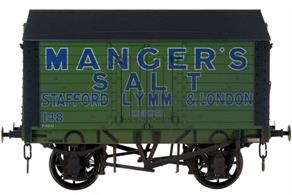A finely detailed model of a covered salt van built to the RCH 1887 design specification for the Manger's Salt company of Stafford, Lymm and London, their fleet number 148.Model with weathered finish.