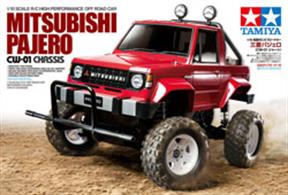 This 1/10 scale R/C assembly kit recreates the Mitsubishi Pajero on the CW-01 chassis. After the announcement of its concept car at the Tokyo Motor Show in 1973, the Mitsubishi Pajero was one of the most recognizable Mitsubishi 4WD cars, sold from 1982 to 2021 through a fourth model change. At the 1983 Paris-Dakar Rally, this car took a championship in an unmodified production vehicle division, and after that, showed off its great performance around the world. This kit recreates the first-generation model which was produced from 1982 to 1990. Based upon Item 58499 1/10 R/C Mitsubishi Montero Wheelie, tires are changed from massive 115mm big ones to rock block ones, and the kit features the CVA II short oil dampers.