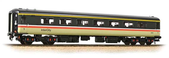 New and detailed models of the BR air conditioned express passenger stock built from the early 1970s. BR was one of the first European railways to offer air conditioned accommodation as standard on principal services.These models are of the Mk.2F coaches, the last of the Mk.2 series build (1973-1975) and almost identical to preceding Mk.2E coaches (1972-73 build), the design changes relating primarily to the air conditioning plant. These two builds formed the backbone of the InterCity locomotive-hauled coach fleet during the 1970s and 80s.This model of the first class coach with open plan seating is painted in the InterCity red stripe livery. Fitted with interior lightingEra 8 1982-1994.