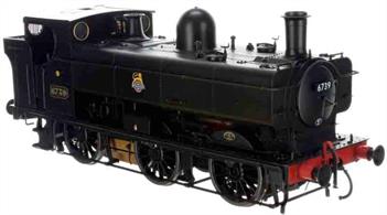 A highly detailed model of the GWR 57xx pannier tank locomotives introduced in 1929, with 863 of these capable engines being built by 1950. The 57xx became the mainstay of the GWRs small tank engine fleet for shunting, station pilot, pickup goods and branch line service.Model finished as 6739, built by the Yorkshire Engine Company with riveted construction pannier tanks, painted in British Railways black livery with early emblem.