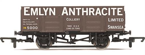 These 21-ton capacity steel bodied open wagons were promoted by the GWR in the 1930s. This model is finished as a wagon operated by the Emlyn Anthracite colliery of Swansea.