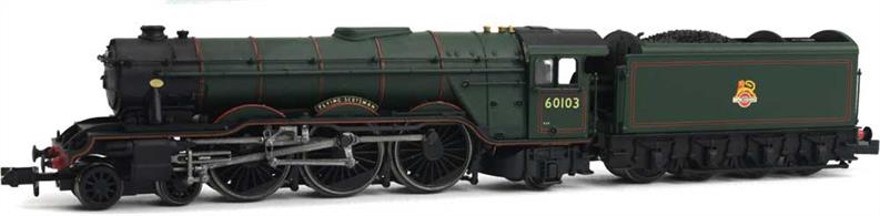 Nicely detailed N gauge model of the famous LNER locomotive as running today as BR 60103 Flying Scotsman finished in lined green livery with the later lion holding wheel crests.