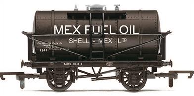 Model of a steam era 14-ton capacity oil tank wagon operated by Shell-Mex to carry Mex Fuel Oil. Black livery