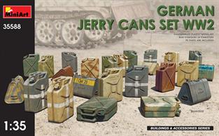 KIT CONTAINS 24 JERRY CANS 2 ASSEMBLING OPTIONS OF JERRY CAN LIDS 4 TYPES OF GERMAN 20L JERRY CANS PHOTO-ETCHED PARTS INCLUDED DECALS SHEET INCLUDED