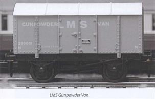 A model of a steel bodied gunpowder van in LMS livery