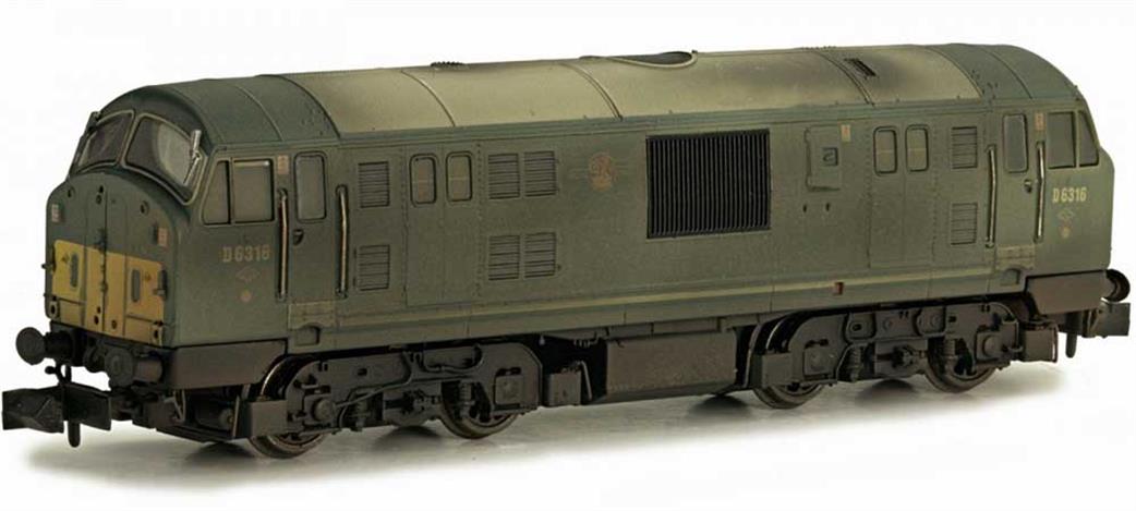 Dapol N 2D-012-009 BR D6316 Class 22 NBL Type 2 Diesel Hydraulic Disc Headcode Green Small Yellow Panels Weathered