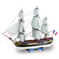 A plank-on-frame construction model kit to build the Hermione, a French sailing frigate of 1780. Laser cut keel, frame and deck sections are assembled to form a sturdy structure to which the planks are pinned. Detail parts including canon, ships boats and fittings are supplied as castings. Pre-stitched sails and thread for ropes and rigging are included. A booklet of step-by-step colour illustrations is supplemented by simple written instructions describe the process of construction.Length: 750mm. Skill Level 3