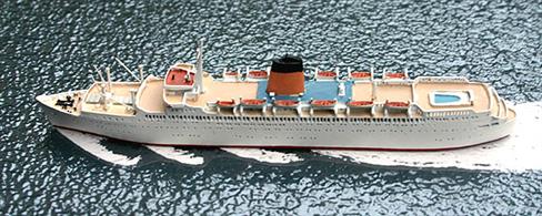 A 1/1250 scale metal model of Ocean Monarch ex-Empress of England in 1971 by AlbatrosAL244B.This is a re-issue of an earlier model with Painted wood effect decks instead of the white overall superstructure previously on offer.