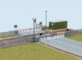 Wills Kits are moulded plastic which can easily be adapted to fit many locations and provides for easy modification to different styles of gates etc. This modern level crossing set is under development, but is planned to include four level crossing warning flasher units, road traffic warning signs and four barrier gates with mechanism boxes, arms and full skirts (all non-working).The set can obviously be quickly modified to singe gate format for narrow country lanes and no doubt the skirts could be cut away for barrier arm only type crossings installed where pedestrian traffic is not expected.