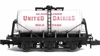 6 wheel milk tanker model finished in United Dairies livery.Milk tankers were developed to allow the safe, efficient and fast transportation of milk from the country into towns and cities.  They first came into service in the early 1930's and went through various design improvements and modifications until the 6 wheel milk tanker was developed which remained in service until the early 1980's, when their use was eclipsed by the use of road transport. Between 1932 and 1948 over 600 were built and several survive into preservation