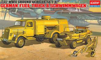 Academy 1/72 German Fuel Truck and Schwimmwagen 13401WW2 Ground Vehicle Set 3, is an accurate reproduction of light vehicles used by Axis.Glue and paints are required