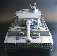 At over 21" (530mm) long, this is an awesome model of the fearsome German Tiger I Tank. The model includes a DMD control unit T-03 for running and multi function unit MF-01 for sound, flash and recoil actions. Gearbox speaker unit, flash unit and optical fibres are also included. Turret rotates and gun elevates. Features include engine sound, gun/hull recoil, forward and reverse, independent suspension, die cast drive cogs, and rotating turret. Decals for Russian front and 505 battalion are included, together with a tank commander figure.Overall size: length 530mm, width 232mm, height 188mm, weight 4,100g. That's Enormous!!