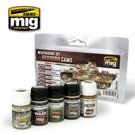 The indispensable finishing and weathering set for German camouflage schemes. With the ideal wash, streaking, filter, pigment, and mud splashes colors. These effects can be used for almost any German Camouflage to create a wide variety of realistic effects and finishes. Use them individually or in combination for a variety of effects.Included:A.MIG-1000 Wash for German Dark YellowA.MIG-1203 Streaking GrimeA.MIG-1510 Tan for 3 Tone CamoA.MIG-1751 Dry SteppeA.MIG-3007 Dark Earth
