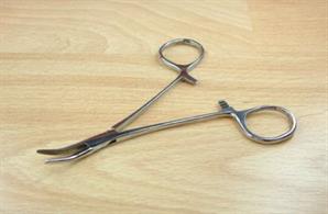 Curved 5in stainless steel forceps.