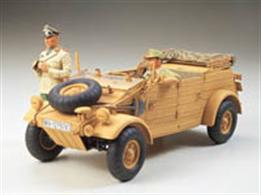 Tamiya 36202 1/16 Scale German WW2 Kubelwagen Type 82 - Africa Korps with Feldmarschall RommelDimensions - Length 238mm Width 103mm Height 93mm.Precisely replicated balloon tire equipped Kubelwagen Type 82 - Africa version. Instrument panel, seats and 4-wheel independent suspension system are also reproduced realistically. All the doors and engine compartment cover can be modelled in either open or closed position. The engine compartment shows mechanical equipment including air cleaner, 4 cylinder horizontally opposed air cooled engine and repair tools. Balloon tires are of semi-pneumatic rubber and front wheels are steerable. Includes accessories such as jerry cans and canteen for drinking water, Rommel figure and a driver figure.Adhesive and paints are required to assemble and complete the model (not included).