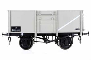 Dapol O Gauge model of British Railways diagram 1/109 16 ton riveted construction steel body mineral wagon B153548 with top flap doors.This detailed model of the riveted version of the  BR standard 16 ton mineral wagon is finished in grey livery.
