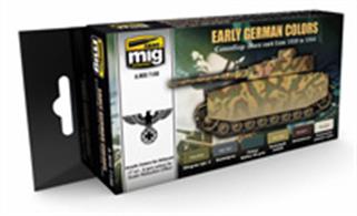 MIG Productions 7100 Early German Colours SetAuthentic colours for Early/Mid War German vehicles6 Jars - 17mlSet for painting German Army vehicles, especially the colours used from 1939 until the end of 1944. With this set modellers can paint German vehicles without complex mixtures or hours of research.All products are acrylic and are formulated for maximum performance both with brush or airbrush and the Scale Effect Reduction allowing users to apply the correct colour to their model. Water soluble, oderless and non-toxic. Shake well before use. We recommend MIG-2000 Acrylic Thinner for correct thinning. Dries completely in 24 hours.