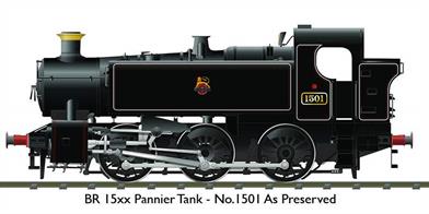 Model of Hawksworth design GWR 15xx class 0-6-0PT pannier tank locomotive 1501 finished in lined black livery with the later British Railways lion holding  wheel heraldic crests. This one of the liveries carried by 1501 since restoration for passenger service on the Severn Valley Railway, the lined black looking far more aesthetically pleasing than the plain alternative.DCC Sound fitted.