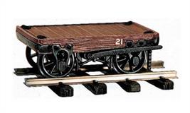 A simple flat wagon, as used on narrow gauge and contractors railways.This flat wagon, the shorter bolster wagon or the skip wagon frame can also be used as bogies for long coaches or wagons.