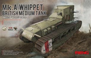 Meng TS-021 1/35 Scale Whippet WW1 British TankDimensions - Length 174mm Width 74.8mmThe model realistically represents the exterior of the real vehicle. Machine guns are movable and the drive sprockets and drive chains are finely reproduced. Cement free track links are included. Decals for 3 variants are provided.Glue and paints are required 