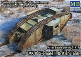 Master Box 72006 1/72 Scale British Mk.2 Female Tank Arras Battle Period, 1917The female tank was a type of armoured fighting vehicle deployed during the First World War that carried multiple machine guns instead a mix of machine guns and cannons mounted on the original Mark 1 tanks. The kit assembles into a nicely detailed model and includes detailed instructions.Adhesive and paints are required to assemble and complete the model (not included).