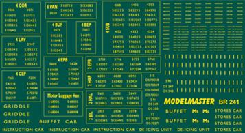 Modelmaster Decals MMBR241 00 Gauge British Railways Southern Region Electric Multiple Units 1948-1965Large sheet of B.R. 1948 - 1965 Southern Region Electric Multiple Units. Coach &amp; Set Numbers, names, door markings, etc. B.R. Gill Sans Typeface, Yellow. 