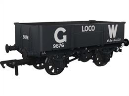 Detailed model of the GWRs diagram N19 10 ton capacity steel bodied locomotive coal wagons. These wagons were built from 1913 and being of all-metal construction lasted until the end of steam. These smaller capacity loco coal wagons were frequently used to supply small branchline sheds where the 10 tons of coal might last for an entire week, making these ideal for small GWR layouts.This model is finished as wagon number 9876 in GWR dark grey livery with large pre-grouping company lettering.