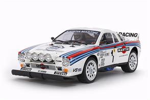 This R/C assembly car kit replicates the Lancia Rally 037 as raced in the early 1980’s. The highly detailed body is made of durable ABS plastic and it sits on top of Tamiya’s TA-02 S chassis