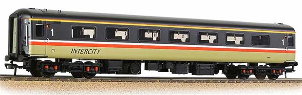 Detailed models of the BR air conditioned express passenger stock built from the early 1970s. BR was one of the first European railways to offer air conditioned accommodation as standard on principal services.Model of a first class open coach finished in InterCity livery with swallow logos.