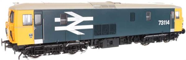 A highly detailed model of the British Railways Southern region class 73 electro-diesel locomotives. These are primarily third-rail electric locomotives but carry an auxiliary diesel engine for use away from electrified lines. Dapols model features a diecast chassis and all-wheel drive from a centrally mounted motor and flywheels allied to a highly detailed bodyshell with many separately fitted locomotive specific details to create both JA (73/0) and JB (73/1) variants.This model is finished as BR class 73/1 locomotive 73126 in BR large logo blue livery.