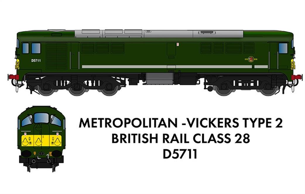 Rapido Trains 905002 BR D5711 Metro-Vick Class 28 Co-Bo Diesel Locomotive Green Small Warning Panels N
