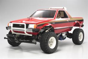 High-quality Tamiya 58354 1/10 R/C assembly kit of the Subaru BRAT, one of Tamiyas early R/C creations. Same 2WD chassis as used for ITEM# 58354 The Frog, with 4-wheel independent suspension and full ball bearings to handle tough off-road driving. Comes with two body shells, one made of plastic material similar to the original BRAT for a nostalgic feel and one made from durable polycarbonate material. Type 540 motor included. Electronic Speed Control Unit (TEU-101BK) also included.
