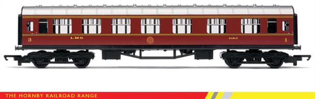 A model of the Stanier plain steel sided LMS coaches built in the 1930s.These Railroad range coaches are intended to provide simple andï¿½robustï¿½models for younger modellers usingï¿½some of the older generation models in the Hornby range.
