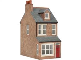 A Victorian Era End of Terrace House representative of the thousands built during Queen Victoria's reign, many of which are still lived in today. This 00 scale resin model is perfect for any British town scene.Terraced houses were normally built with alternating left and right hand houses, the front doors appearing paired together, while on the opposite side the fireplaces shared a chimney stack with the adjoining house.
