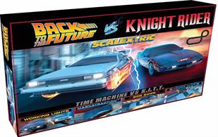 Get ready for the ultimate Scalextric battle with the new Back to the Future vs Knight Rider Race Set. Buckle up as the iconic Michael Knight racing K.I.T.T or imagine travelling in the Back to the Future Time Machine as Doc or Marty McFly. Combining retro Scalextric branding with the high detailed and functional film inspired vehicles, as well as everything you need to begin your Scalextric journey in one box.