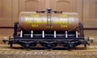 6 wheel milk tank wagon painted in the chocolate brown livery of the West Park Dairy Company.These distinctive tank wagons could be attached to express passenger trains to swiftly convey fresh milk to London. Often working a dialy round trip from country dairy to London and back these wagons are ideal tail traffic for your branch and local passenger trains.