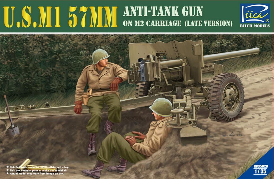 Riich Models RV35020 US M1 57mm Anti-Tank Gun M2 Carriage Late Version Plastic Kit 1/35