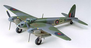 Tamiya 60753 is a RAF Mosquito Bomber or Photo Recon Aircraft  and is moulded in grey and attached to sprues; clear pieces for canopy. Detailed landing gear and wheel wells. Detailed cockpit and instrument panel. Cockpit area includes a transmitter and receiver parts. Cowlings with 3-bladed propellers flank each side of the fuselage. Engraved panel lines on body and wings of plane. Authentic decals for three aircraft versions. Detailed pictorial instructions with a brief history of the Mosquito.Glue and paints are required