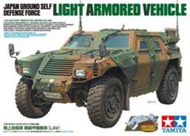 This Tamiya 1/35 scale model kit recreates a domestic-specification Japanese Self Defense Force Light Armored Vehicle. A previous release kit (item 35275) depicted an Iraq PKO spec vehicle. The Light Armored Vehicle is an integral part of Japan Ground Self-Defense Force (JGSDF) infantry units, key to the emphasis placed on mobility by recent policy changes. Around 1,900 in total have been provided to the JGSDF and the JASDF air arm. 