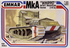 Emhar EM4003 1/35 Scale British MkA Whippet Tank - WW1Over 80 parts are included in the kit together with decals for 6 variants. Comprehensive instructions are included.Glue and paints are required