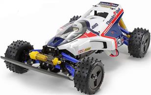 Following the Fire Dragon, Scorcher and Thunder Dragon, Tamiya welcomes Thunder Shot as a re-released and updated version! This R/C model features some inherited basic specifications from Item 58361 with different CVA oil dampers and the addition of an aluminum motor mount, for better motor performance, and structural rigidity!
