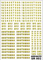 Modelmaster Decals MMSR002 00 Gauge Southern Railway Loco Lettering Bulleid Era Green Liveries - S.R. 1940-1947Comprehensive sheet of Yellow &amp; Black Transfers for GREEN Southern Railway Bulleid LocomotivesS.R. 1940-1947 Comprehensive sheet of Yellow &amp; Black Transfers for GREEN Southern Railway Bulleid Locomotives. There are enough 'SOUTHERN' names to letter no less than ten locomotives. The sheet includes not only a good supply of digits 0 - 9, but 21Cs for Bulleid 4-6-2s, all with matching Buffer Beam Numbers. 