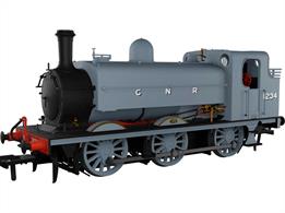 Model of Great Northern Railway class J13 (later LNER class J52) 0-6-0ST saddle tank shunting engine 1234 finished in GNR 'economy' grey goods engine livery introduced around 1912.This Rapido Trains model has been carefully designed from works drawings and historical images to allow a wide range of options to be produced covering the long lives of thee distinctive engines. The chassis features a smooth-running mechanism, factory-installed speaker and a warming firebox glow.