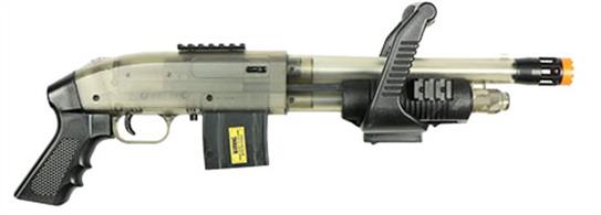 It features a textured grip and the Hop-Up system for accuracy and distance. The shotgun has tactical rails for accessories and is a 1:1 scale replica. The gun is complete with a magazine and chainsaw top grip. The pack includes 500 rounds of BB pellets and this hard-hitting shotgun will fire both 0.12G and 0.20G BBs.