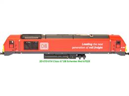 A detailed model of DB Schenker class 67 locomotive 67028 finished in DB red livery lettered 'Leading the next generation of rail freight'.